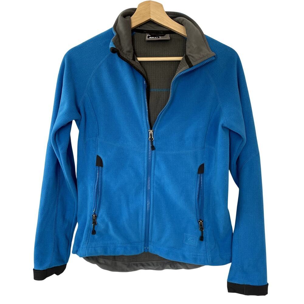 REI blue fleece full zip jacket women's size XS casual rugged outdoor small flaw
